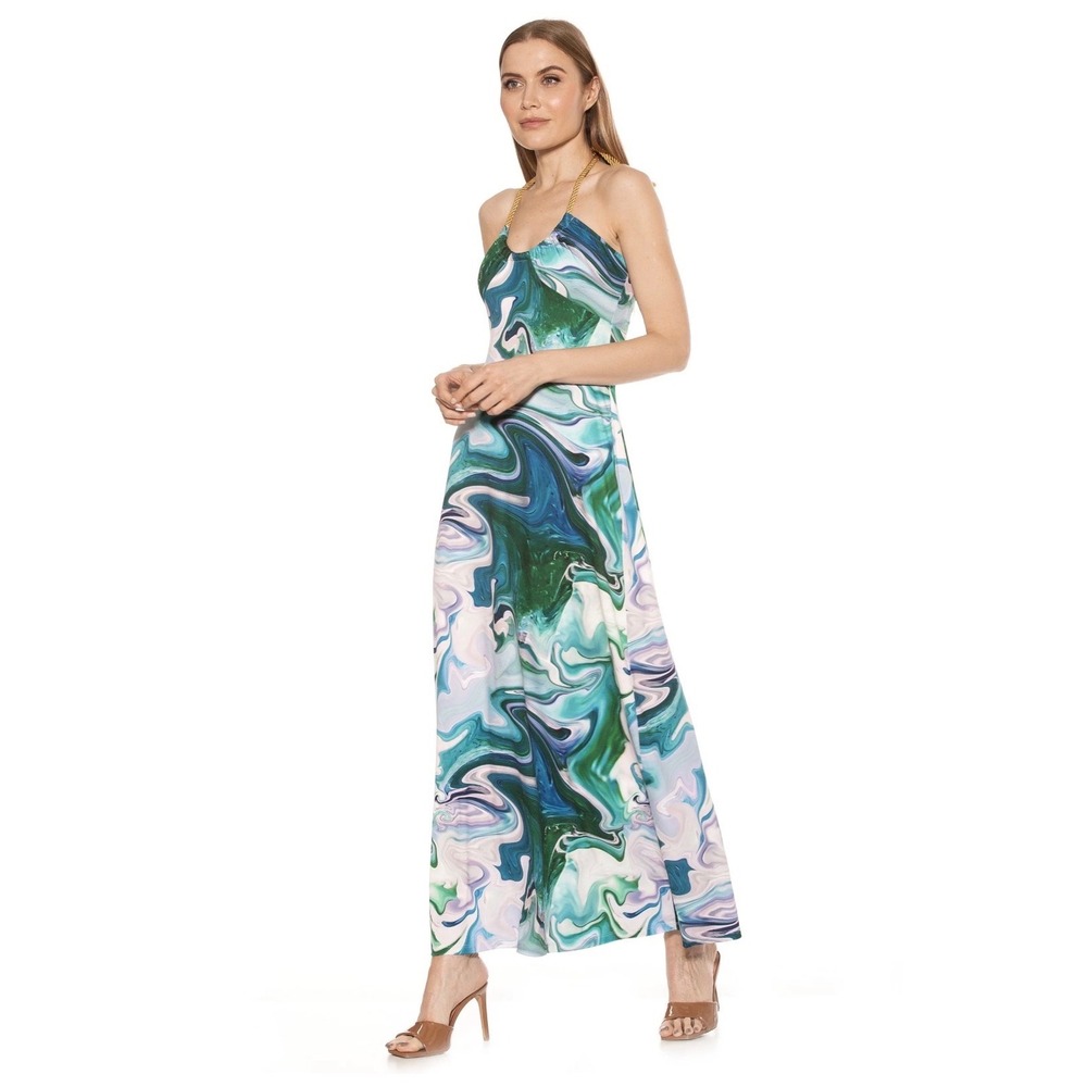 Alexia Admor Abstract Liquid Gold Rope Halter Maxi Dress Resortwear Women Size M